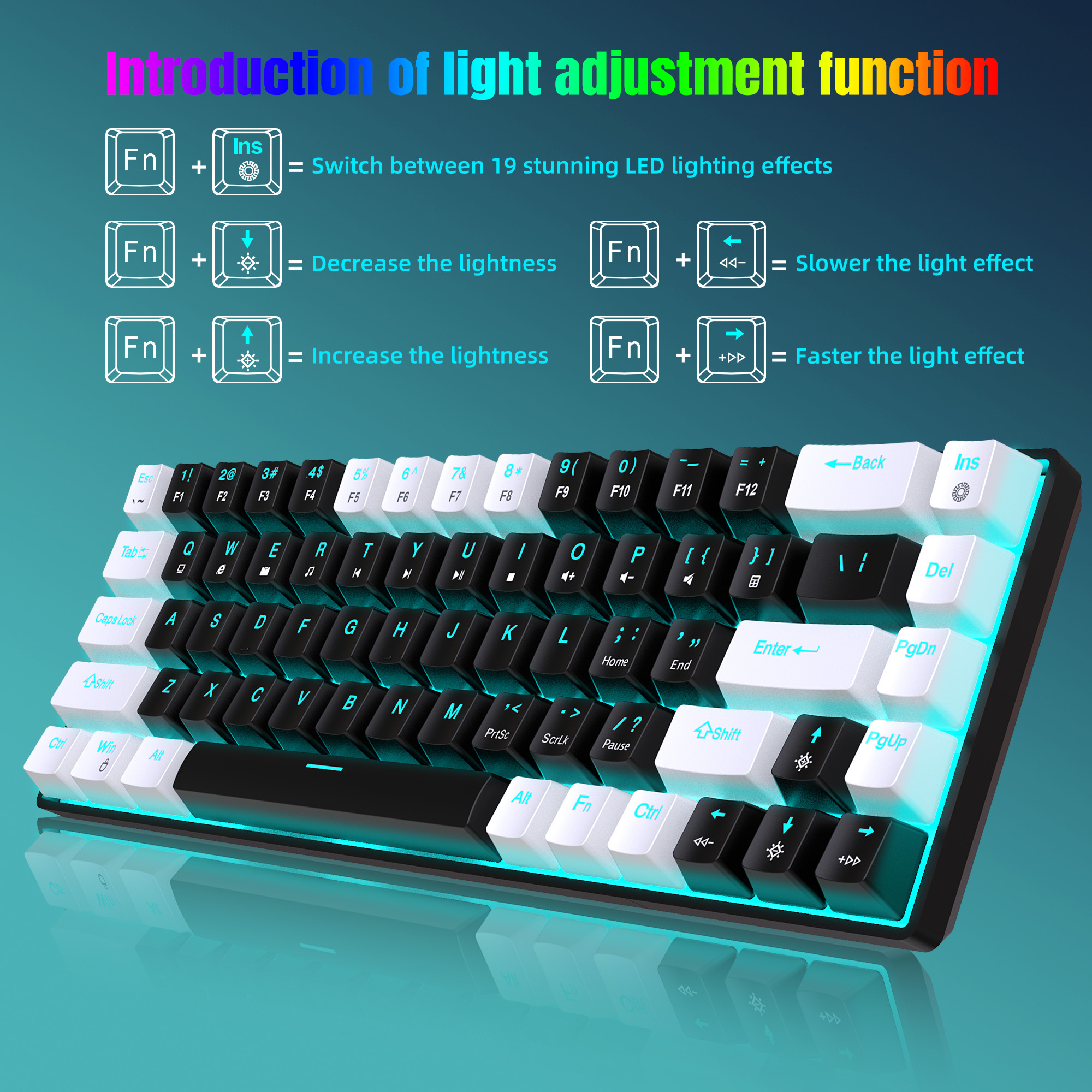Teclado mecánico de 68 teclas ergonómicas RGB retroiluminado LED, blue switches hot-swap, teclado gaming para PC, portátil y oficina