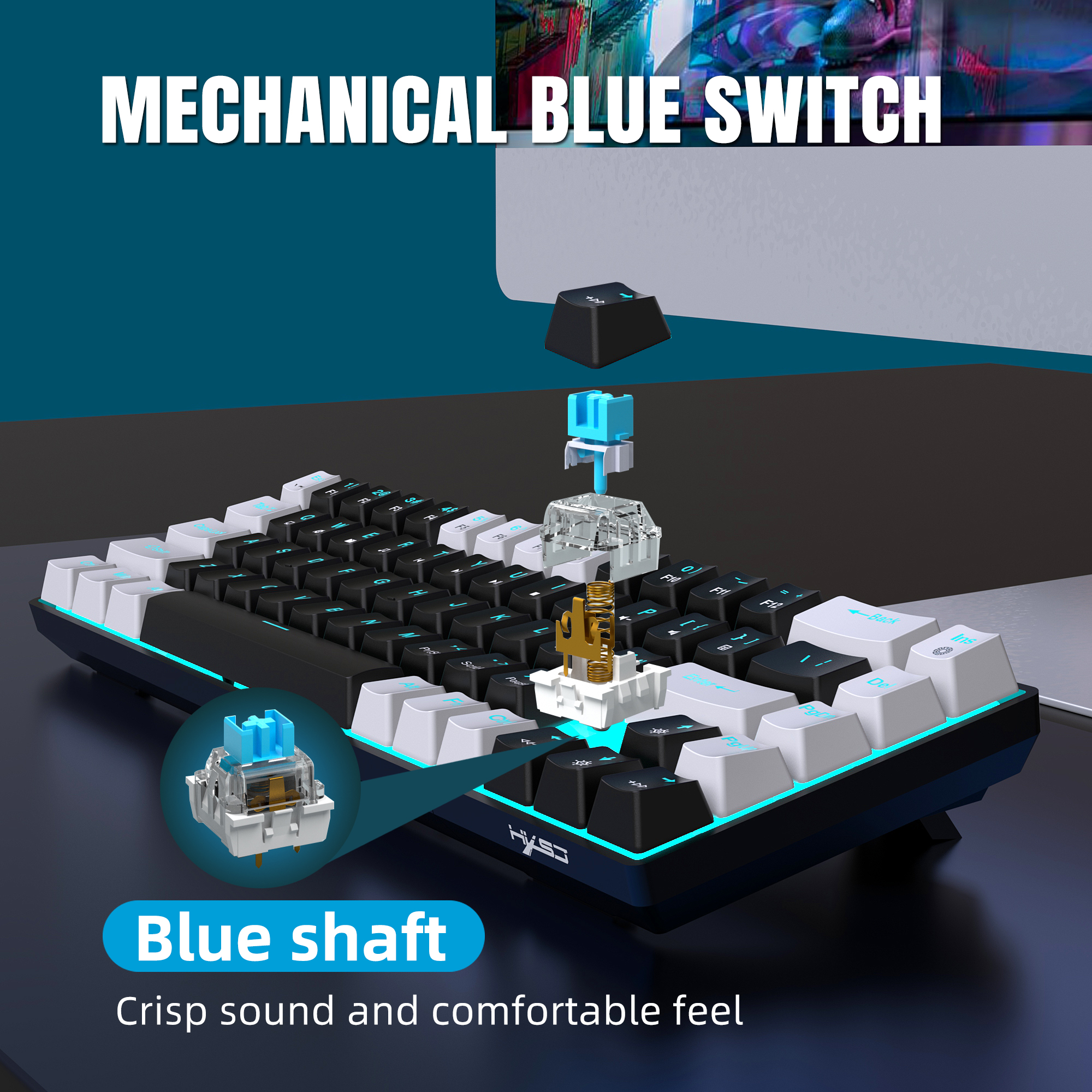 Teclado mecánico de 68 teclas ergonómicas RGB retroiluminado LED, blue switches hot-swap, teclado gaming para PC, portátil y oficina