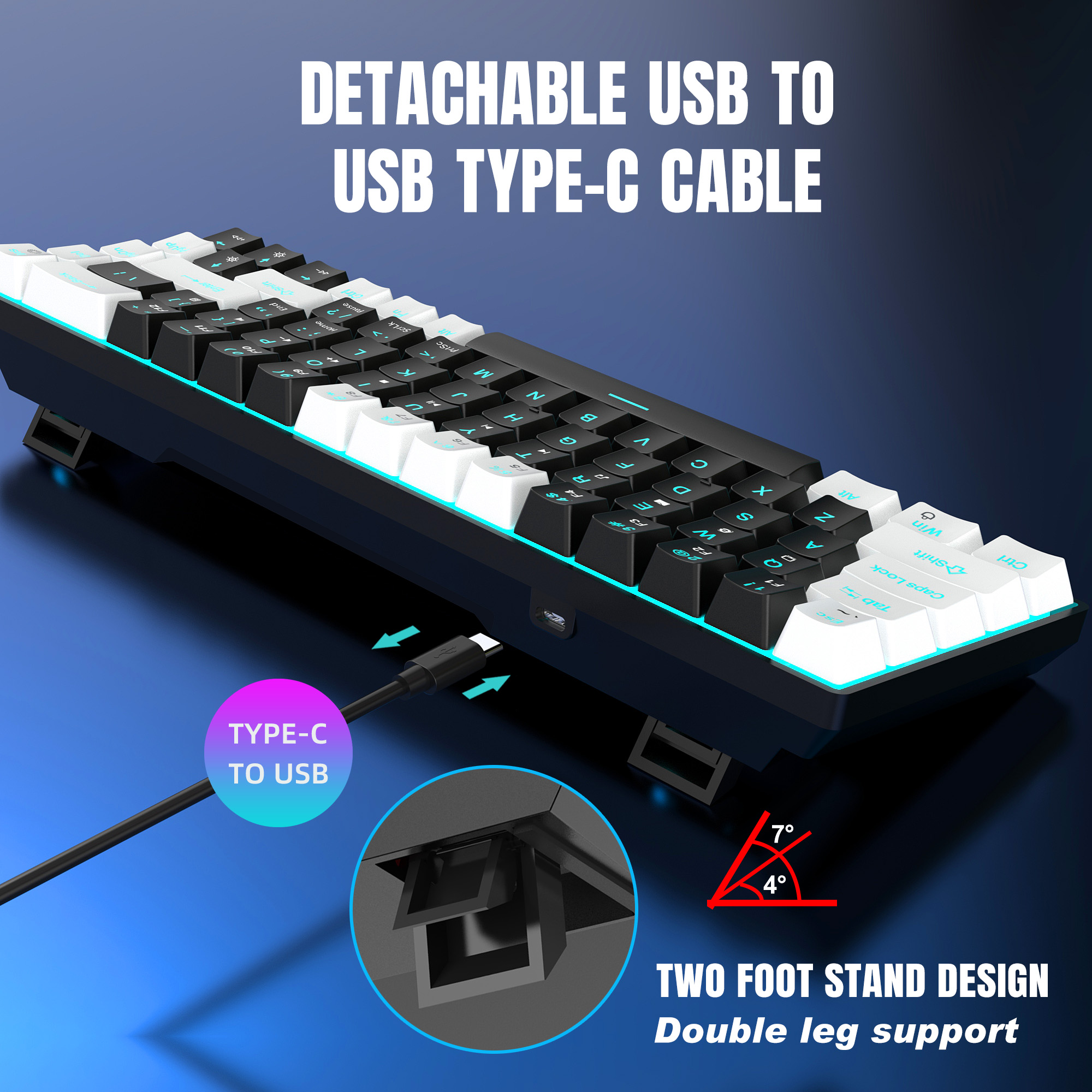 Teclado mecánico de 68 teclas ergonómicas RGB retroiluminado LED, blue switches hot-swap, teclado gaming para PC, portátil y oficina