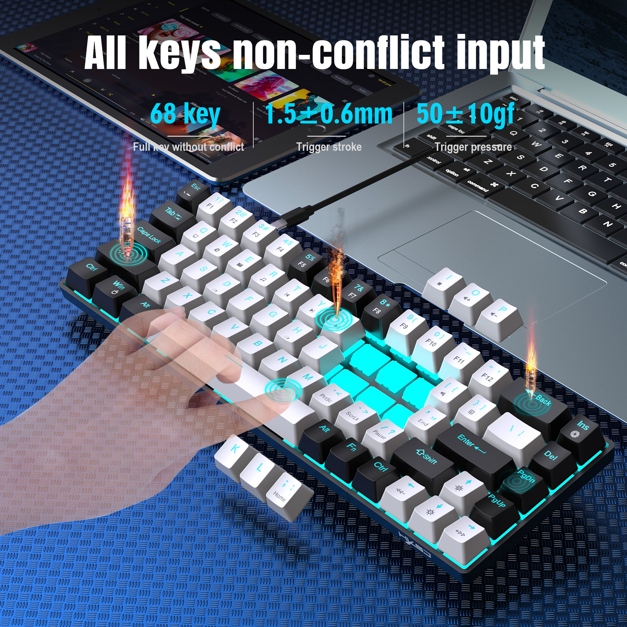Teclado mecánico de 68 teclas ergonómicas RGB retroiluminado LED, blue switches hot-swap, teclado gaming para PC, portátil y oficina