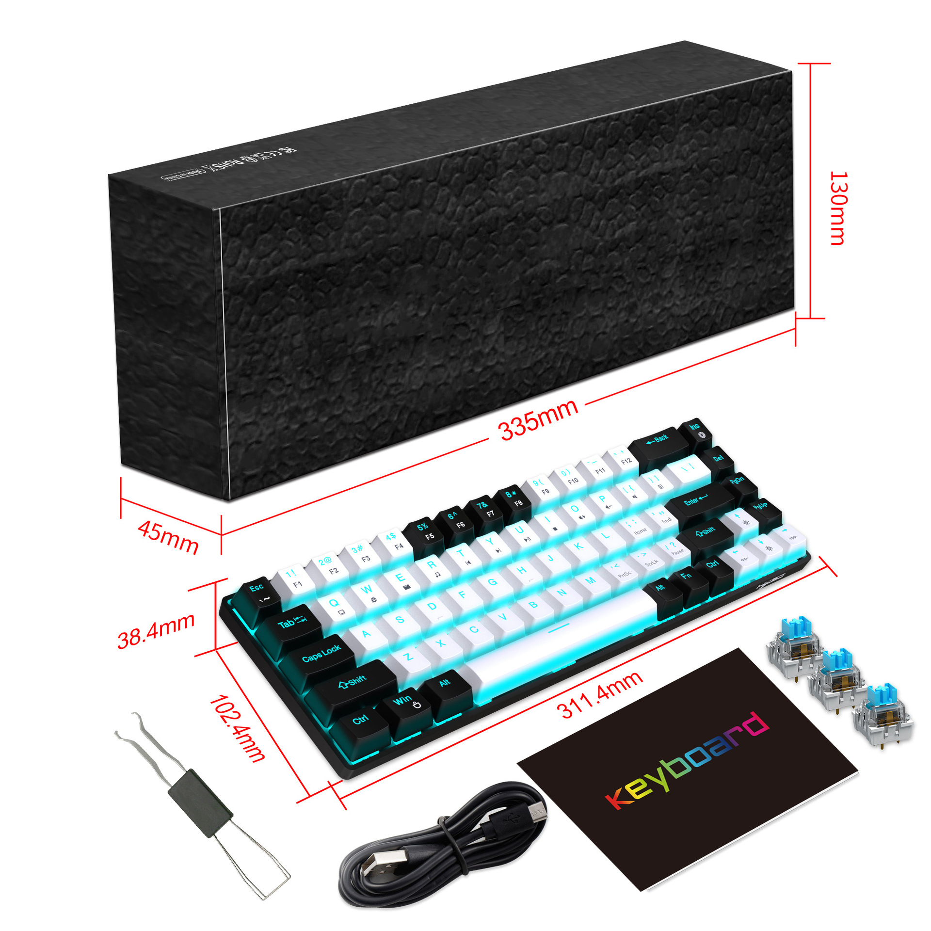 Teclado mecánico de 68 teclas ergonómicas RGB retroiluminado LED, blue switches hot-swap, teclado gaming para PC, portátil y oficina