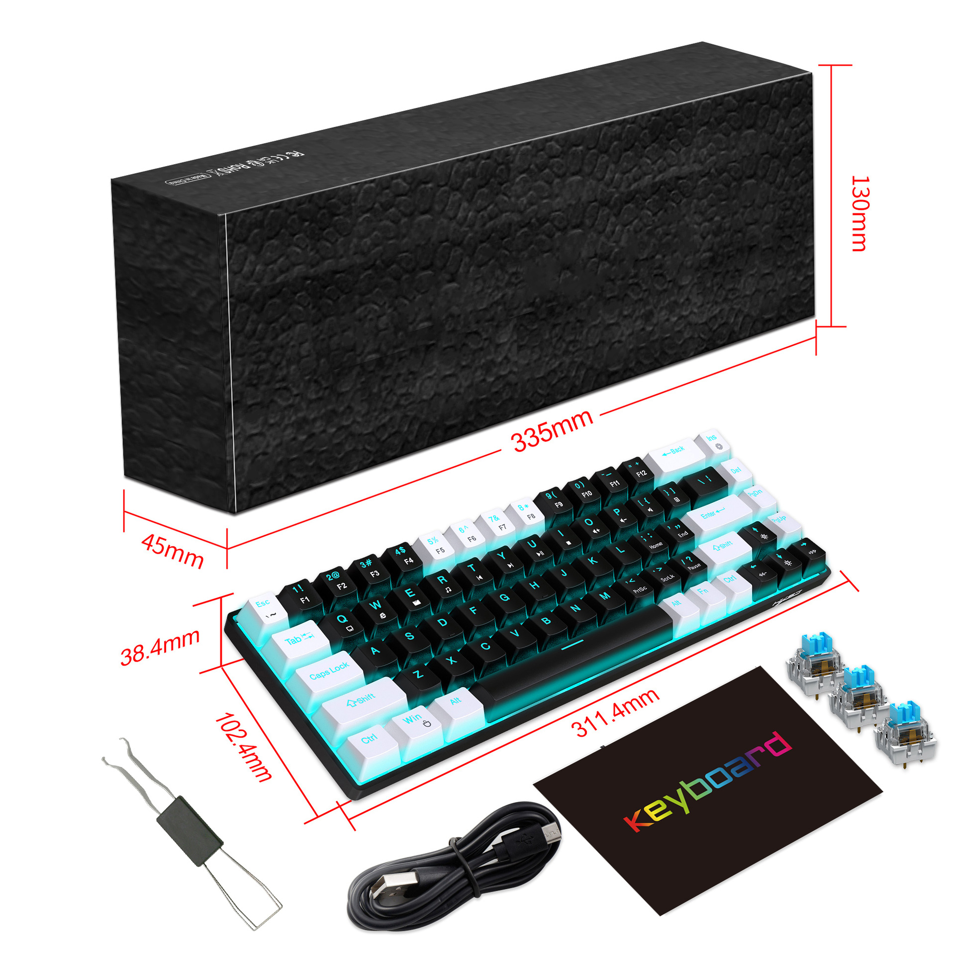 Teclado mecánico de 68 teclas ergonómicas RGB retroiluminado LED, blue switches hot-swap, teclado gaming para PC, portátil y oficina