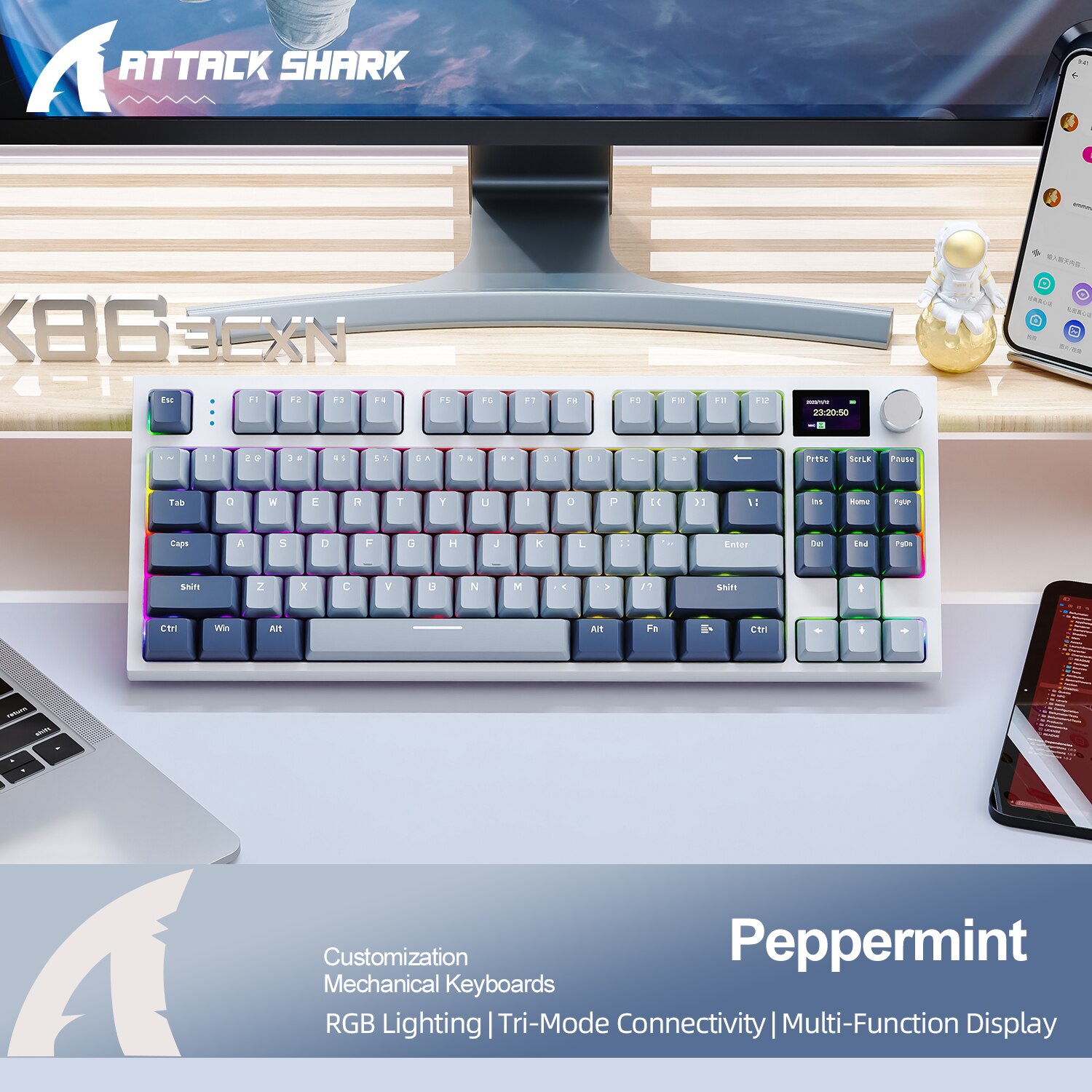 Teclado mecánico K86 inalámbrico hot-swap Bluetooth/2,4g con pantalla de visualización y botón giratorio de volumen gaming y trabajo