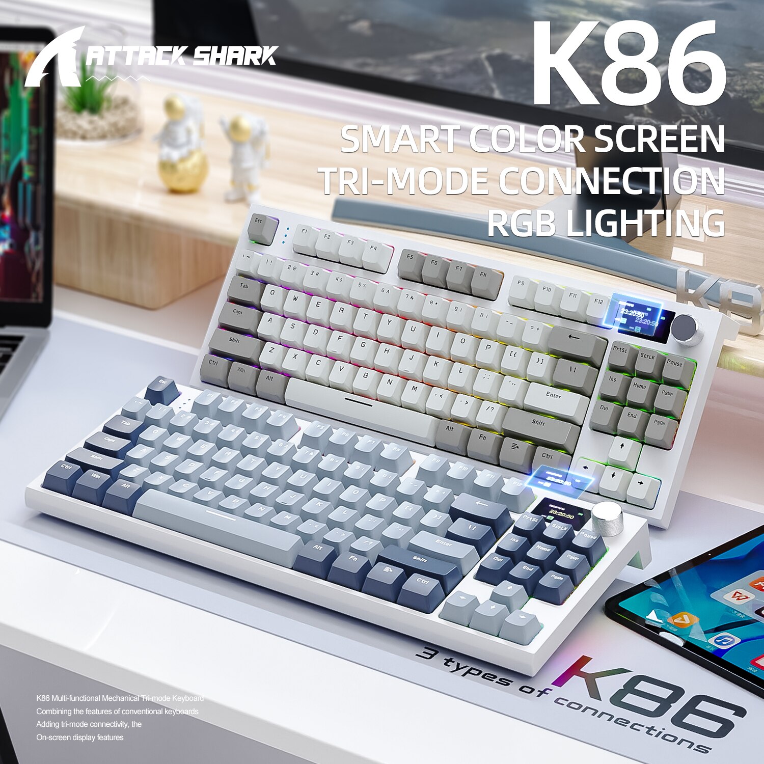 Teclado mecánico K86 inalámbrico hot-swap Bluetooth/2,4g con pantalla de visualización y botón giratorio de volumen gaming y trabajo