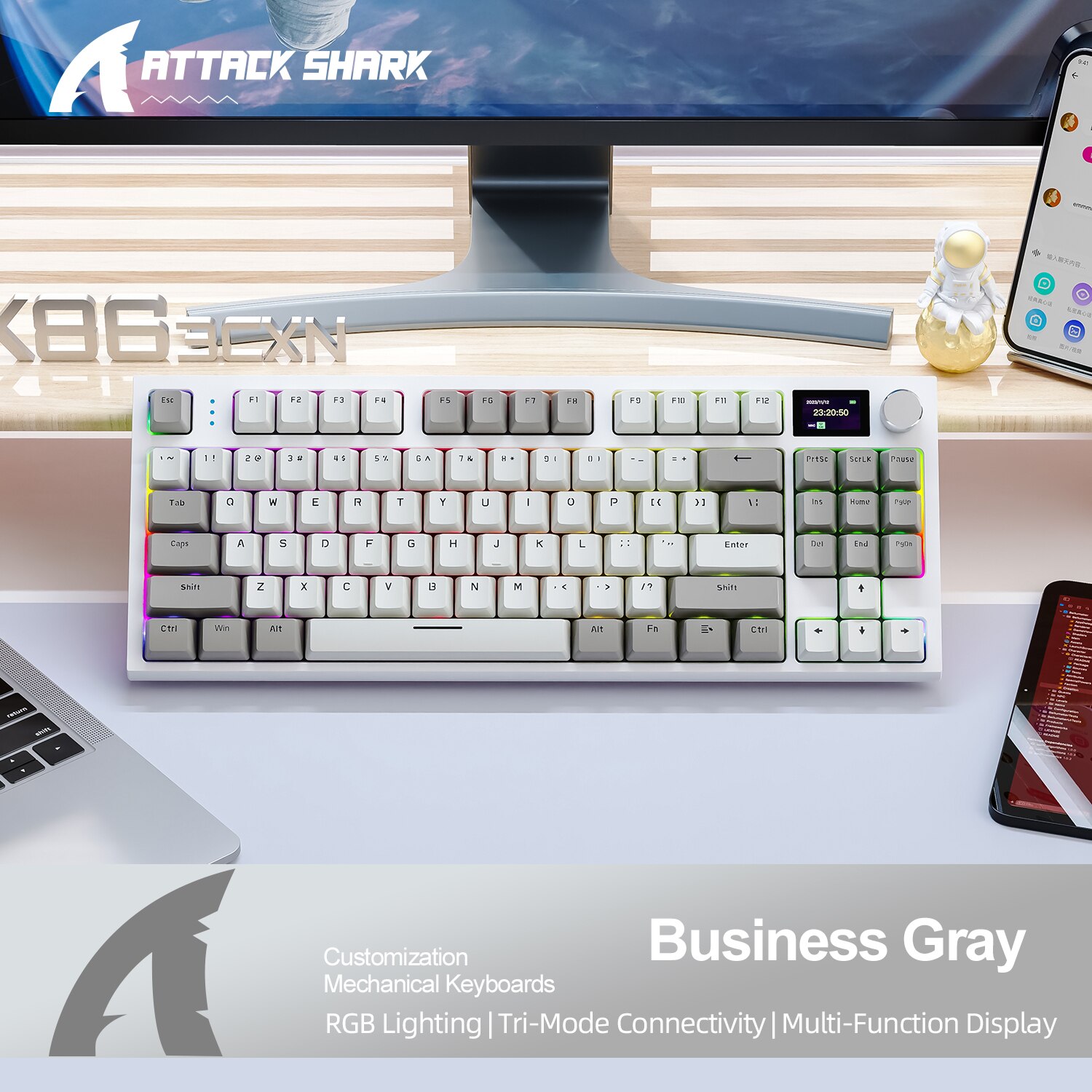 Teclado mecánico K86 inalámbrico hot-swap Bluetooth/2,4g con pantalla de visualización y botón giratorio de volumen gaming y trabajo